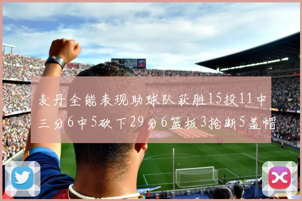 麦丹全能表现助球队获胜15投11中三分6中5砍下29分6篮板3抢断5盖帽